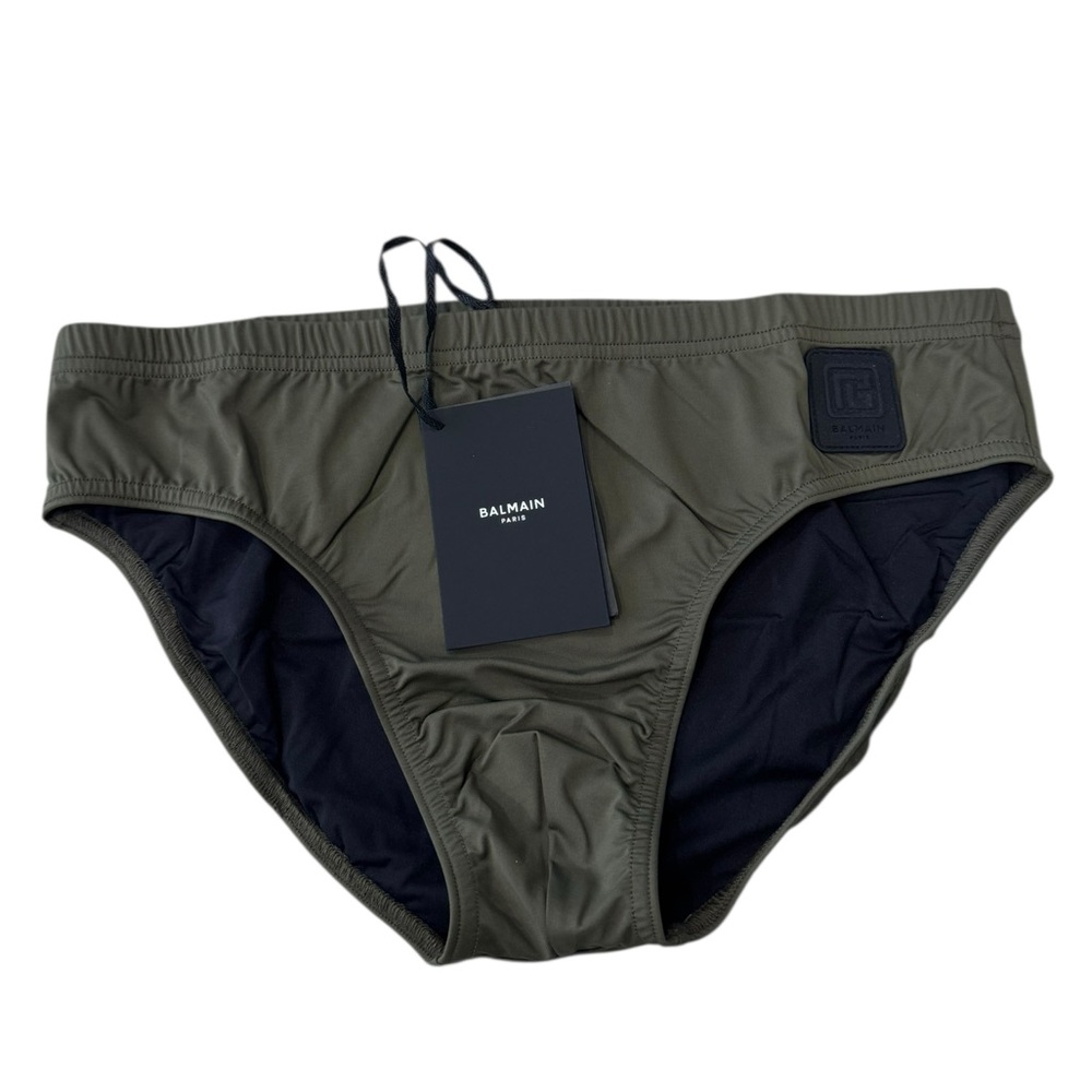 BALMAIN**Khaki Green Logo Men’s Swim Briefs***Med. $289